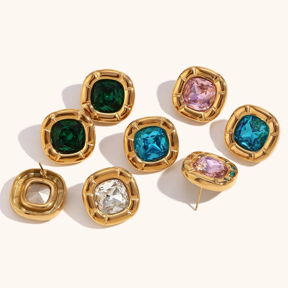 Safira earrings, gold-tone, with a retro pattern and stones, made of 18K gold-plated stainless steel