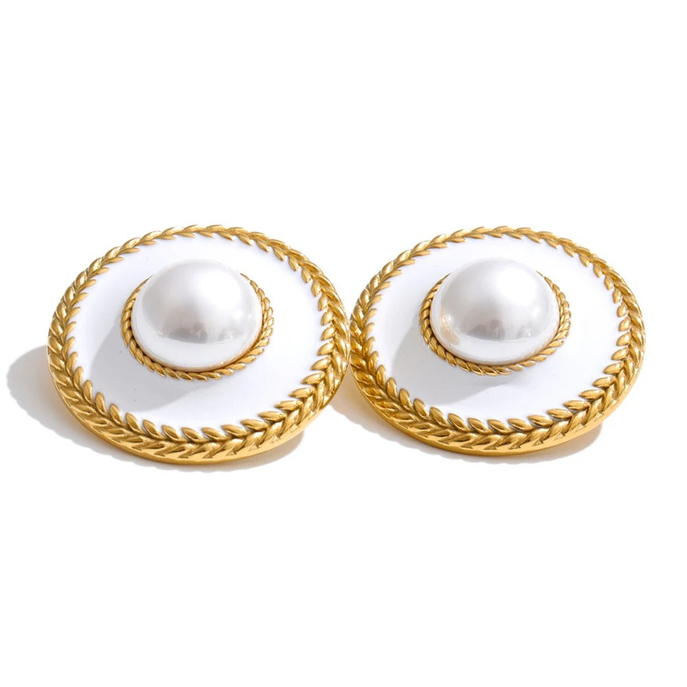Cercei Sandy, rotunzi, aurii, cu perle si model statement, din otel inoxidabil placat cu aur 18K - Colectia Universe of Pearls