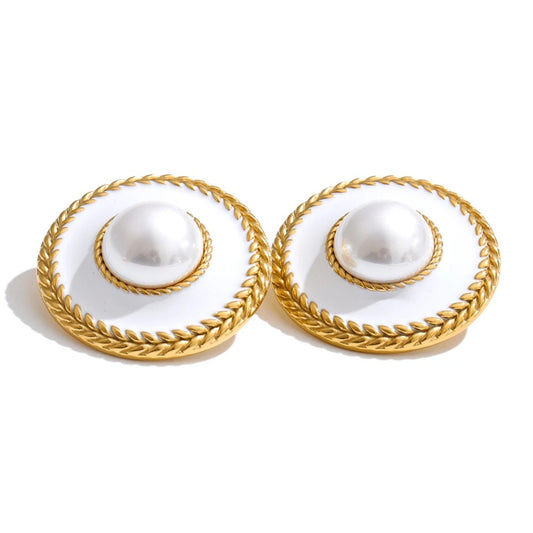 Cercei Sandy, rotunzi, aurii, cu perle si model statement, din otel inoxidabil placat cu aur 18K - Colectia Universe of Pearls