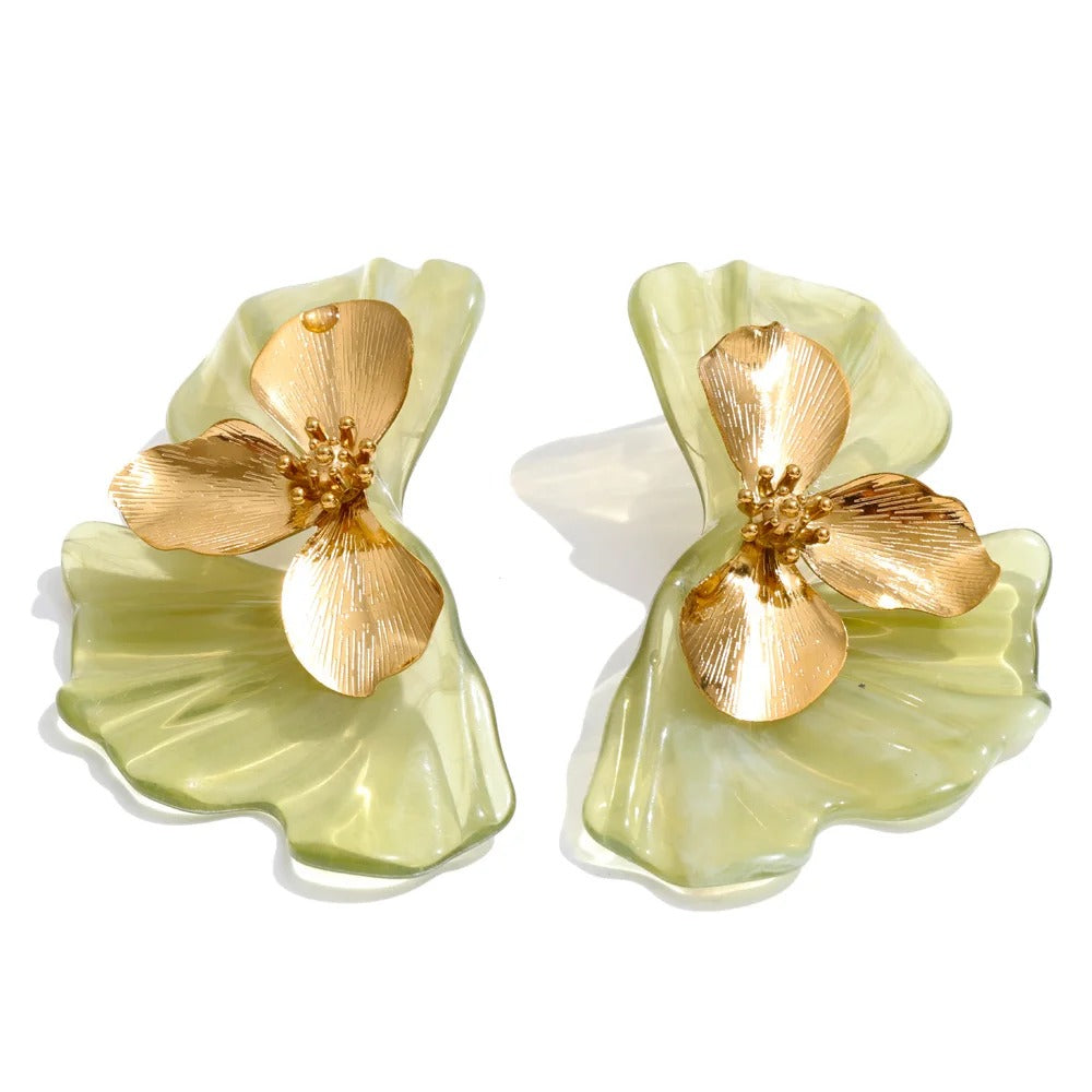 Cercei Feeria, auriu cu verde, cu model floral, din otel inoxidabil placat cu aur 18K - Colectia Floral Paradise