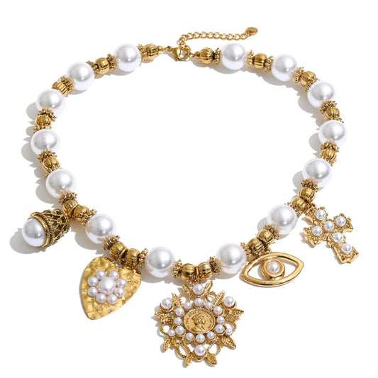 Colier statement Marigold, auriu, cu perle si 5 charm-uri, din otel inoxidabil placat cu aur 18K - Colectia Universe of Pearls