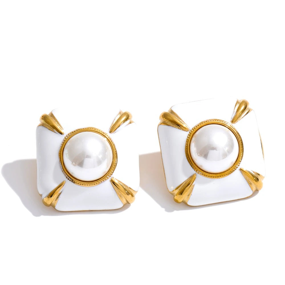 Hadda Earrings, Gold, Round, with Pearls, 18K Gold Plated Stainless Steel - Universe of Pearls Collection