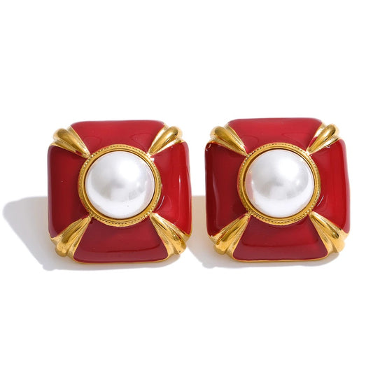 Hadda Earrings, Gold, Round, with Pearls, 18K Gold Plated Stainless Steel - Universe of Pearls Collection