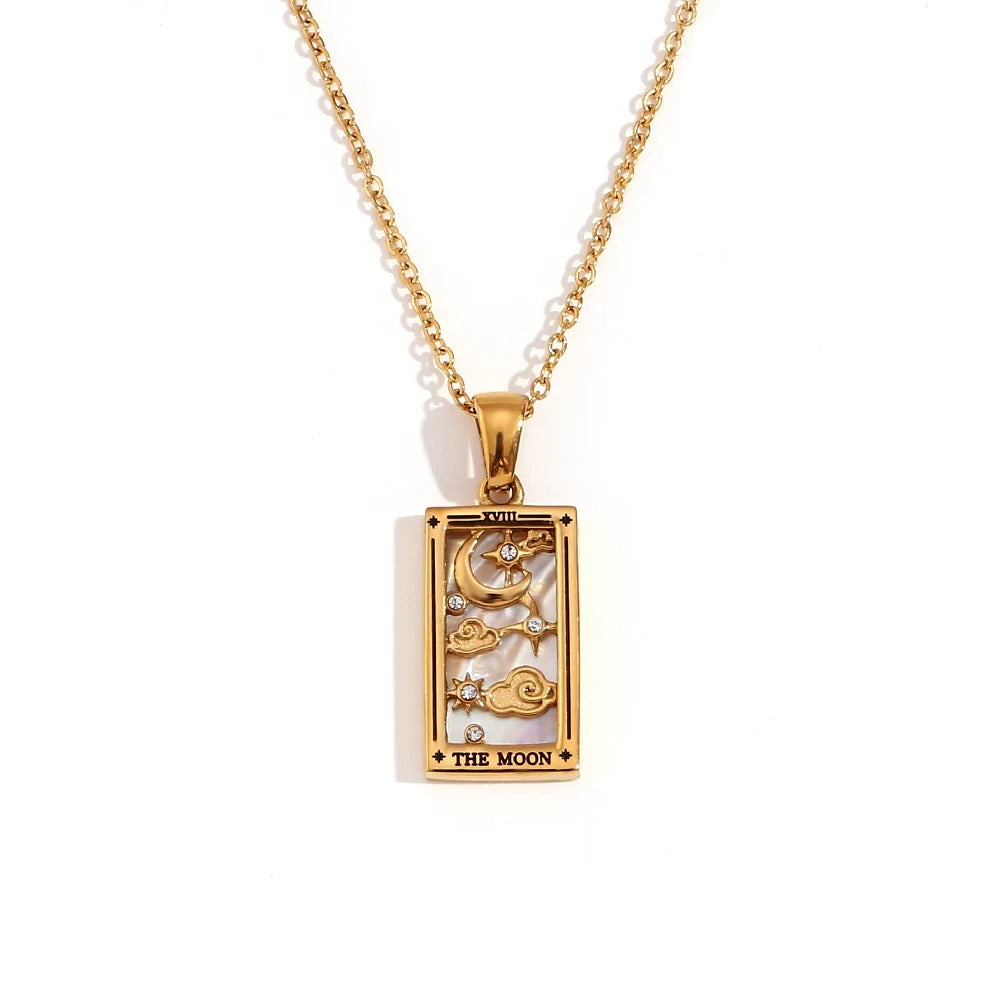 Colier Enya, auriu, cu pandantiv motive tarot, din otel inoxidabil placat cu aur 18K