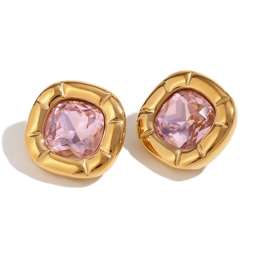 Safira earrings, gold-tone, with a retro pattern and stones, made of 18K gold-plated stainless steel