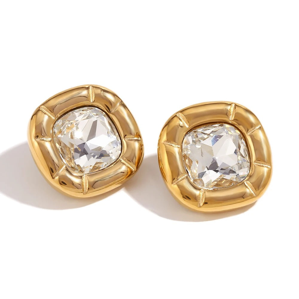 Safira earrings, gold-tone, with a retro pattern and stones, made of 18K gold-plated stainless steel