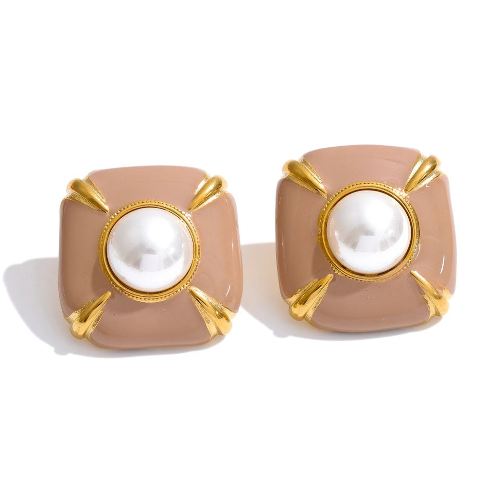 Hadda Earrings, Gold, Round, with Pearls, 18K Gold Plated Stainless Steel - Universe of Pearls Collection